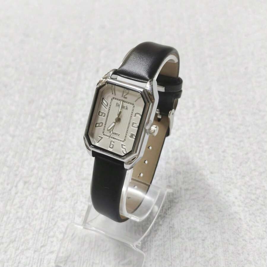 Women's Small Square Leather Watch - Đen và trắng - Xem 1