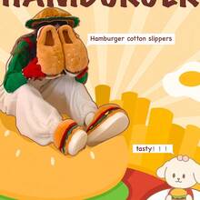 1pc 2025 New Autumn/Winter Funny Home Thermal Slippers, Couple Cute Hamburger Fully Covered Plush Warm Shoes For Men & Women