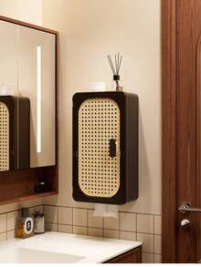 A Mid-Century Style Side-Opening Tissue Box, Storage Box, Storage Bin, Daily Household Chinese-Style Retro Rattan Tissue Box, Wall-Mounted Storage, Cosmetics Storage Box, Punch-Free Storage Box, Suitable For Toilets, Living Rooms, Kitchens, And Bedrooms