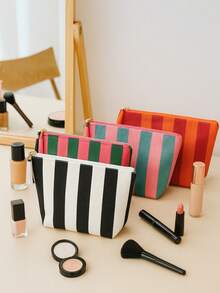 1 Piece Of Black And White Vertical Striped Canvas Cosmetic Bag, Contrasting Zipper Tassel Decorative Toiletry Bag, Simple Style Storage Bag, Suitable For Travel And Daily Skin Care Organization Make Up Bag - Multicolor - View 1