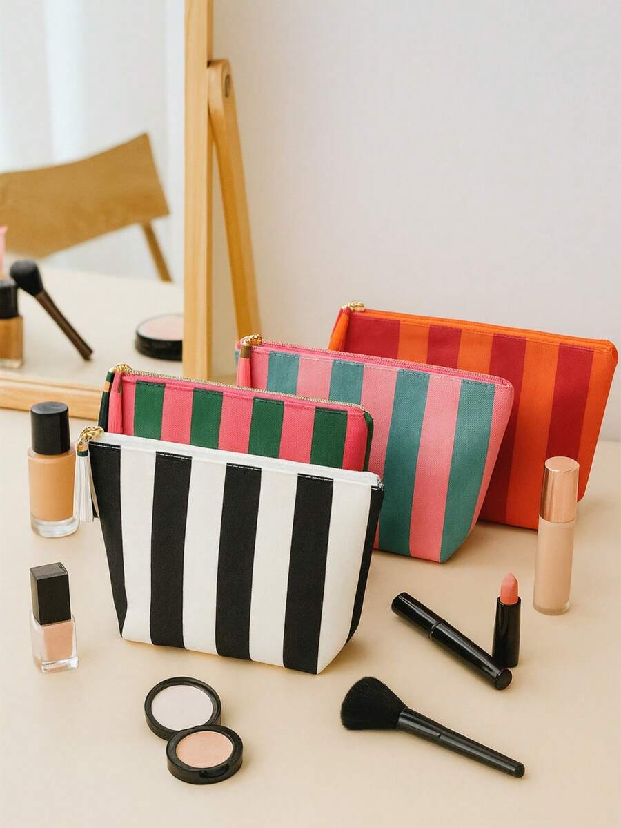 1 Piece Of Black And White Vertical Striped Canvas Cosmetic Bag, Contrasting Zipper Tassel Decorative Toiletry Bag, Simple Style Storage Bag, Suitable For Travel And Daily Skin Care Organization Make Up Bag - Multicolor - View 1