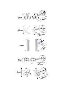 10pcs Hypoallergenic Flat Stud Earrings, Unisex, Gold Plated Stainless Steel, Mini Screw Cartilage Studs - Silver Ear Stud - View 19