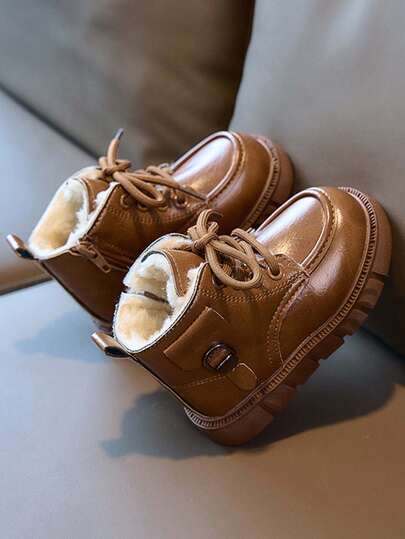 1 Pair Kids PU Leather Side Zipper Thermal Lined Warm Boots, Suitable For Winter