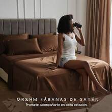 MR&Juego de Sábanas de Satén 4pzas, Sabanas Matrimonio Satín Sedosas Lujosas Suaves, con Sábana de Cajón Ajustable Bolsillo Profundo para Colchones Matrimoniales (Matrimonial, Negro) SMHT - Marrón - Ver 8