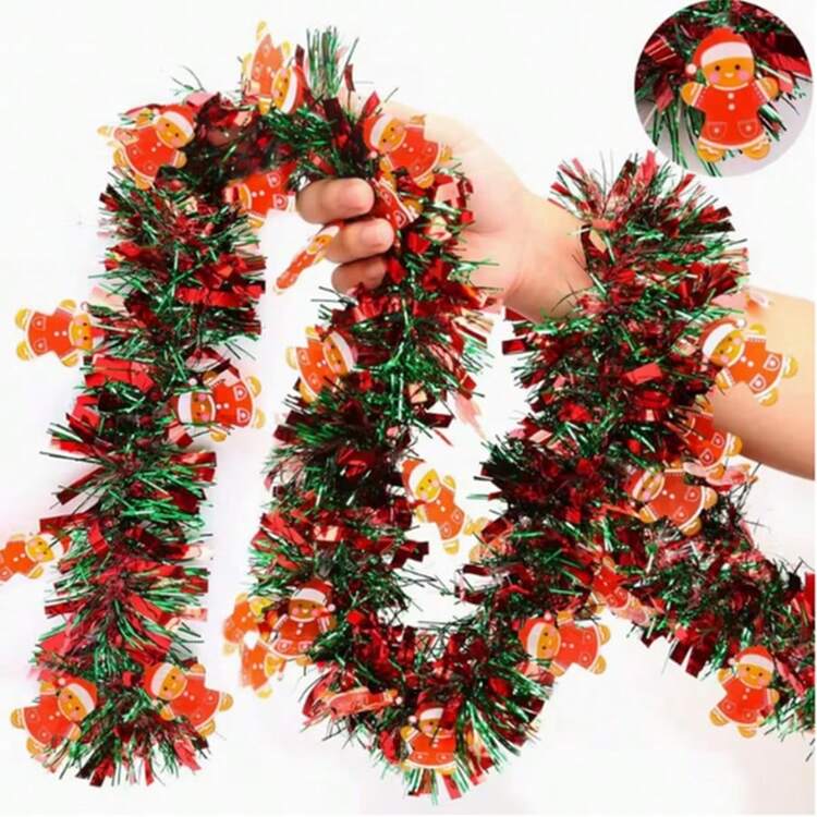 1pc 196.06 Inch Christmas Santa Claus, Gingerbread Man, Snowman Metallic Red, Green, Gold Twisted Ribbon Decor, Includes Shiny Ornaments, Plastic Christmas Tree And Party Supplies, Indoor Outdoor Holiday Decoration - Multicolor - View 10