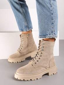 Bốt đế Chunky Lug dành cho nữ - Bốt cổ thấp ấm áp mùa đông thông thường - Màu Khaki - Xem 2