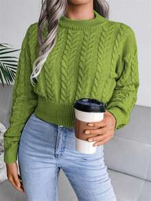 Women's Casual Crew Neck Cable Knit Waist Cinched Long Sleeve Cropped Pullover Sweater, Autumn/Winter