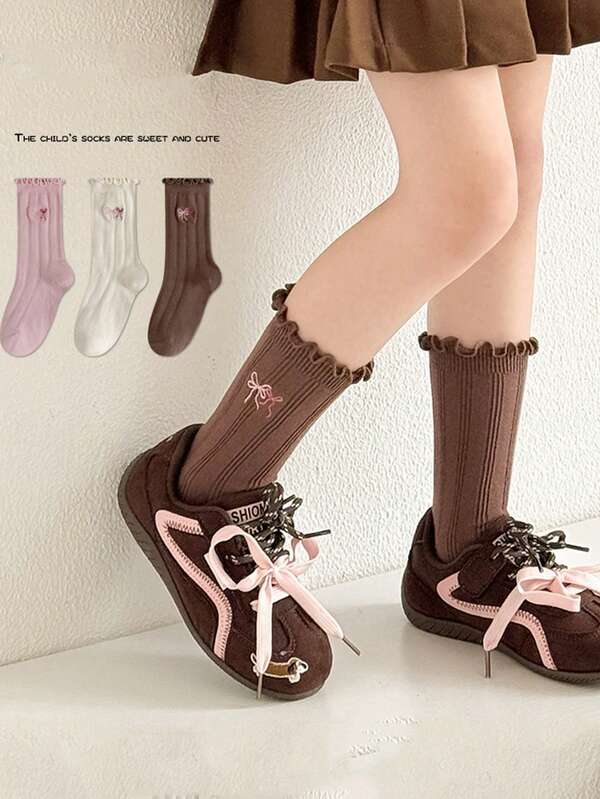 3 pares de calcetines de media caña con bordado y ribete de encaje en estilo coreano para niñas, para otoño/invierno