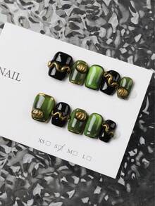 10片短方形日式指甲，3D镀金雕花设计，高端奢华深绿色猫眼，适合日常和节日佩戴，可重复使用的按压式指甲，非常适合女士和女孩，新款秋冬方形指甲，短指甲片 - 墨綠色 - 查看 4
