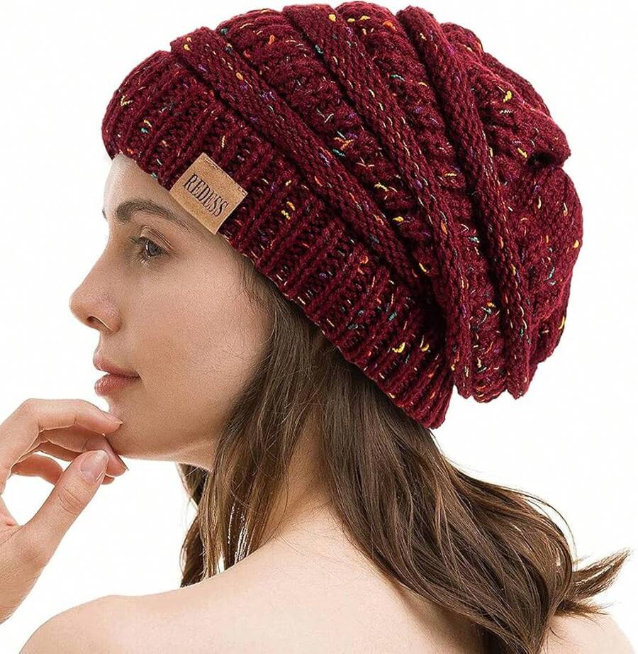 Gorro de punto suelto para hombres y mujeres, cálido para el invierno, suave y de gran tamaño - B4 Confeti Vino Tinto - Ver 1