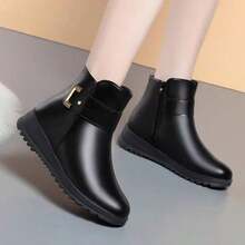 Autumn/Winter Thermal Lined Ankle Boots, Non-Slip Mother Shoes, Flat Heel Mid-Calf Warm Black Boots - Black - View 5