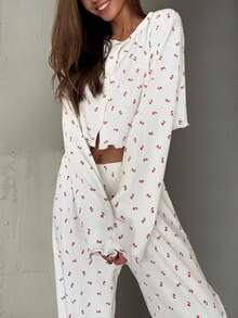Nina Bonheur 两件套女士四季通用碎花印花修身长袖上衣和长裤睡衣套装，可爱家居服，秋冬服装 - 米色 - 查看 4
