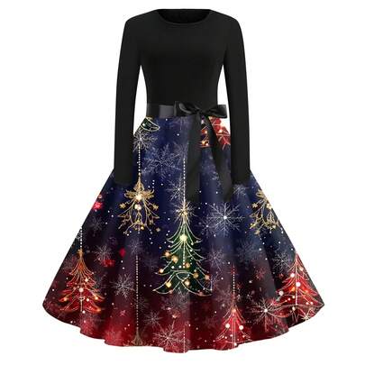1pc Women Plus Size Christmas Round Neck Long Sleeve Swing Dress