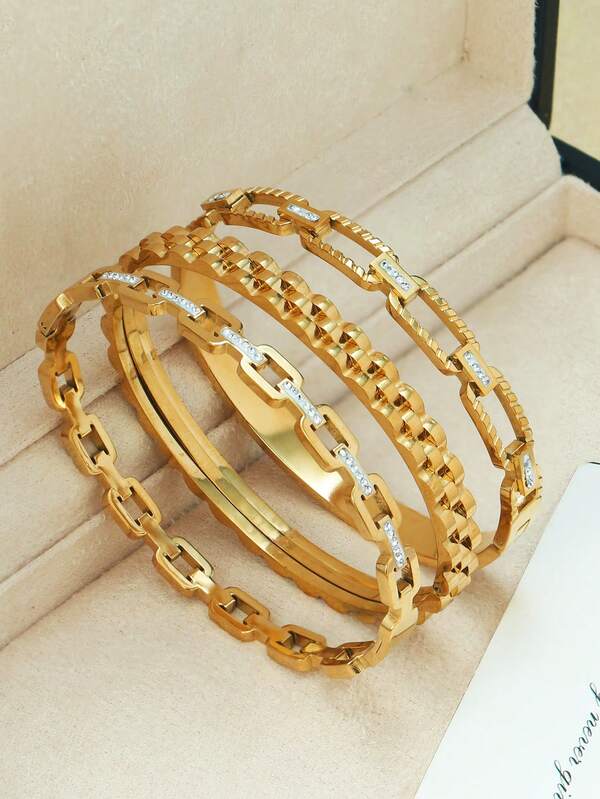 3 18K Stainless Steel Plated Bracelets With Personalized Strap Style Hip-Hop Three-Layer Gear Bracelet, Women's Gold Square Diamond Inlaid Ring Interlocking Hollow Buckle Bracelet, Suitable For Gift Giving, Vacation, And Party Wearing ﻿