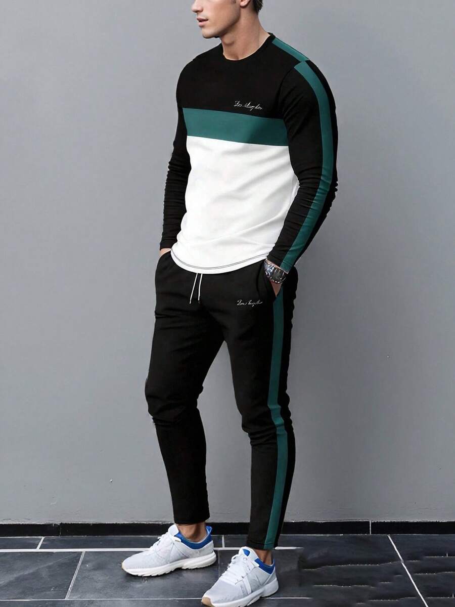 男士休闲圆领T恤和抽绳裤套装，秋冬 - 彩色 - 查看 1