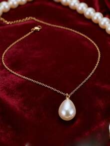 3 件套 18K 镀金不锈钢耳环和项链套装，配有泪滴状人造珍珠吊坠，适合日常佩戴、节日、订婚、结婚礼物 - 金色 - 查看 4