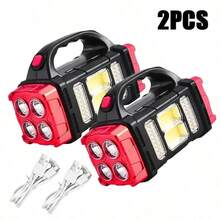 2PCS Solar Powered/Type-C Rechargeable LED Flashlight, 1500mAh Lithium Battery, Tactical COB Work Light, 4 Modes, Emergency Power Function, Portable Flashlight, Suitable For Camping, Night Climbing, And Exploration - Red 2pcs - View 9