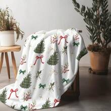 1 buc Pătură de flanel cu imprimeu de brad de Crăciun verde Fericit cu flori de fructe de pădure 70 * 100cm / 100 * 150cm / 130 * 150cm Pătură moale și caldă pentru decor acasă, animal de companie, pui de somn, birou, pat, cadou de Crăciun de toamnă/iarnă pentru familie sau prieteni, decor de Crăciun