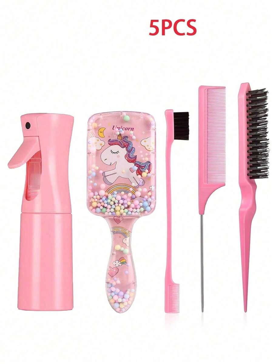 5pcs/9 Knot Hair Brush Set, (6.8 Oz/200ml) Continuous Fine Mist Spray Bottle, Suitable For Adult And Girl Hair Unicorn Cartoon Detangling Brush, Teasing Brush, For Hairstyling, Hairdresser - 彩色 - 查看 1