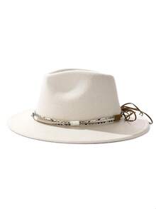 1pc Bohemian Style Faux Leather Decor Felt Fedora Hat, Soft Brim, Unisex Fashion For Work And Commute, Suitable For Autumn And Winter