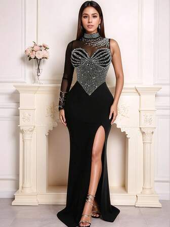 女式时尚优雅单肩半透明水钻装饰紧身性感派对晚礼服