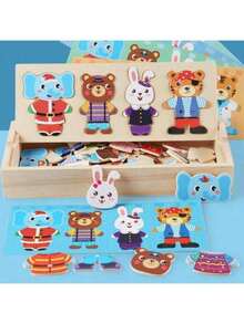 1件儿童木制拼图早教卡通动物换装拼图小熊换装拼图趣味男孩女孩玩具礼物婴儿拼图板 - 彩色 - 查看 14
