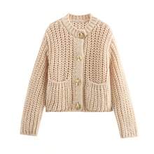 GDDYIN Women's Solid Color Ribbed Pocket Button Casual Daily Thick Knit Jacket, Autumn - Beige - View 7