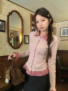 复古红色格子 Polo 领纽扣拼接修身长袖针织开衫，秋冬女式上衣粉色春季 - 粉色 - 查看 3