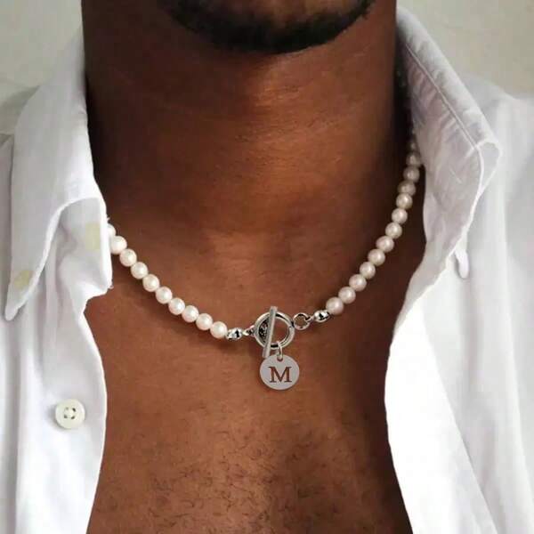 1pc New Classic 26 Initial 6mm Imitation Pearls Toggle Clasps Necklace For Men