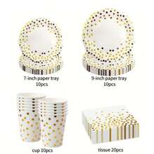 Set de tacâmuri de unică folosință cu paiete albe, format din 50 de piese, potrivit pentru 10 persoane, inclusiv 10 farfurii de hârtie mari și mici, 10 pahare de hârtie și 20 de prosoape de hârtie. Este foarte potrivit pentru tacâmuri de picnic în aer liber, grătar în camping, reuniuni de familie, petreceri de ziua de naștere, Crăciun, Ziua Recunoștinței și alte decorațiuni pentru petreceri de sărbători.