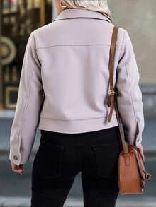 Chamarra invierno dama mujer corte corto tejido polar cuadros textura suave caliente calientito cierre manga larga cuello camisero recto casual día noche festival comida cena calle otoño invierno - Beis - Ver 3