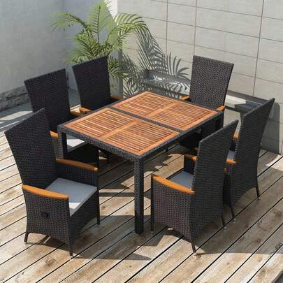 vidaXL 7-Piece Garden Set Poly Rattan Acacia Wood Black