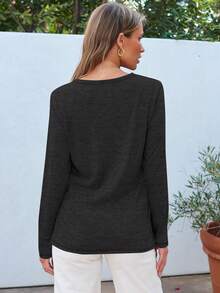 Huskary Women Long Sleeve Shirts Tops Fall Tunic Causal Fashion Round Neck Basic Tee - 黑色 - 查看 2