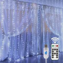 300-LED Fairy Light Curtain, 3 Meters/9.8 Feet Wide And 3 Meters/9.8 Feet High, USB Powered, 8-Mode String Light With Remote Control, Perfect For Christmas, Weddings, Thanksgiving, Halloween, And Other Holiday Decorations (Remote Control Batteries Included), A Great Choice - ánh sáng trắng - Xem 8