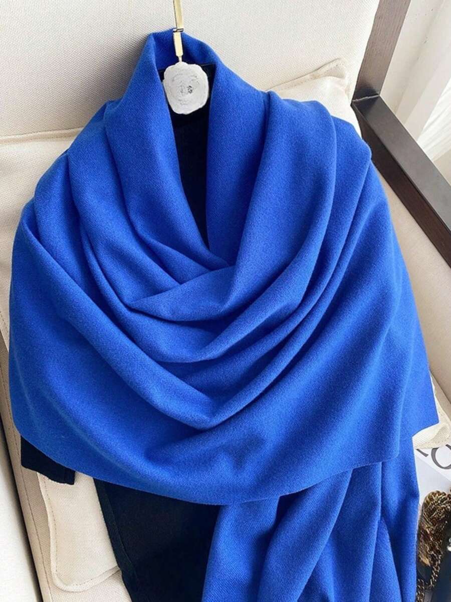 1pc Women Fringe Cashmere Scarf, Thick Warm Shawl, Solid Colored, Multifunctional Neck Warmer, Autumn/Winter For Dress - Royal Blue - View 1
