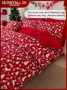 2/3pcs Red Christmas Elements Printed Duvet Cover Set, 1pc Duvet Cover+1/2pcs Pillowcase Without Filler(No Comforter), Soft And Breathable, Chic Christmas Decorative Bed Sprea Bed Cover For Bedroom Dorm Essentials, Oeko-Tex Certified