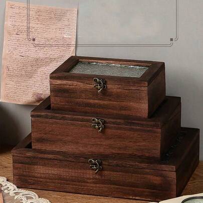 1 件棕色木制珠宝收纳盒，复古展示柜，带抽屉的化妆品和珠宝整理托盘，北欧风格桌面收纳盒（玻璃图案切割面未固定）