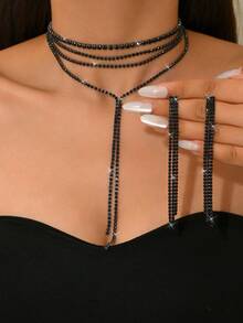 1piece Luxurious And Elegant Style, Black/White Multi-Layered Tassel Necklace Sparkles Rhinestone Brides, Delicate Temperament Accessories For Banquets And Weddings, Creative Gifts