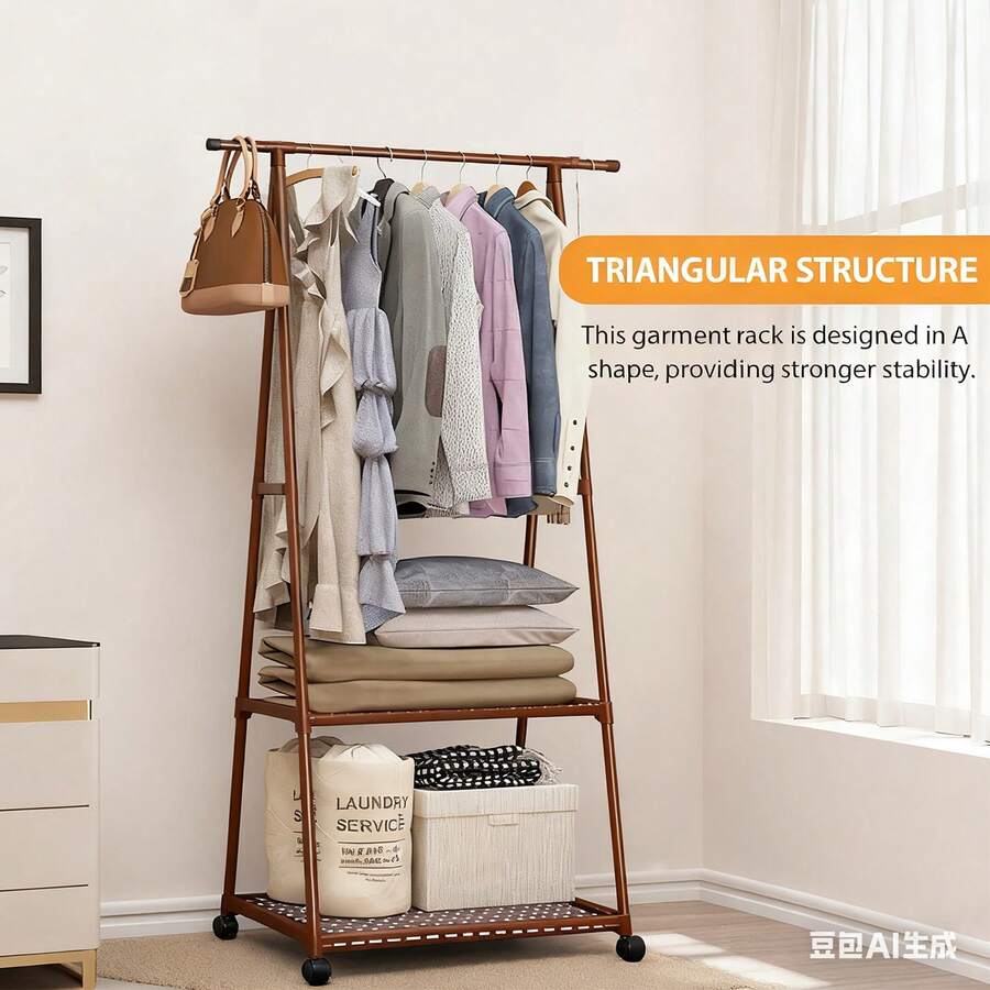 Clothes Rack 2 Tier, Triangle Garment Rack, Clothes Organizer On Wheels, Portable Garment Laundry Coat Rack, Closet Rack For Hanging Clothes, Clothes Hanging Rack For Home Office Dorm Black - Brown Pulley - View 1