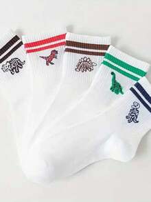 5 Pairs Random Color Men's Striped Dinosaur Pattern Comfortable Soft Casual Mid-Calf Socks