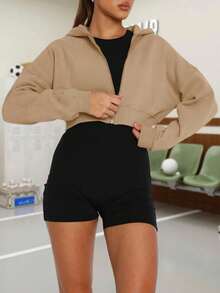 Women's Cropped Hoodie Zip Up Sweatshirt Fleece Lined Long Sleeve Casual Tops Y2K Fall And Winter Clothes For Women - Màu Khaki - Xem 3