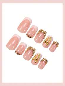 24pcs Rectangle Press-On Nails, White French Manicure With Rhinestone Decor, Elegant Full Coverage, Suitable For Women & Girls Summer Nails, Daily Wear, Nail Art Supplies - 白色 2 - 查看 4