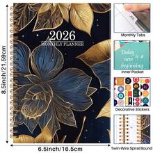 1pc 2026 Weekly & Monthly Planner Notebook, Spiral Bound, Floral Design, Multi-Functional Calendar, Diary, Memo Pad For Office, Students - Multicolor - View 16