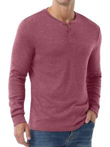 Men's Henley Long Sleeve Casual Classic Button Pullover Tee - Styles - Merah - View 3