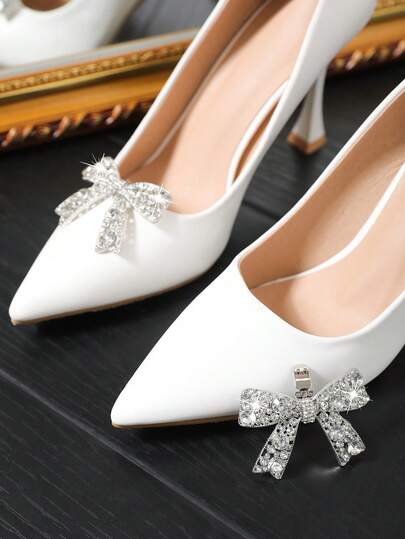 2pcs Detachable DIY Shoe Accessories, Artificial Crystal Metal Silver/White/Gold Bowknot Decor, Fashion Elegant Shoe Clips Accessories For High Heels, Pumps, Bridal Shoes, Office/Business Shoes