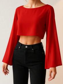 Cropped Tulle Long Sleeve Open Flowing Top - Red - View 1