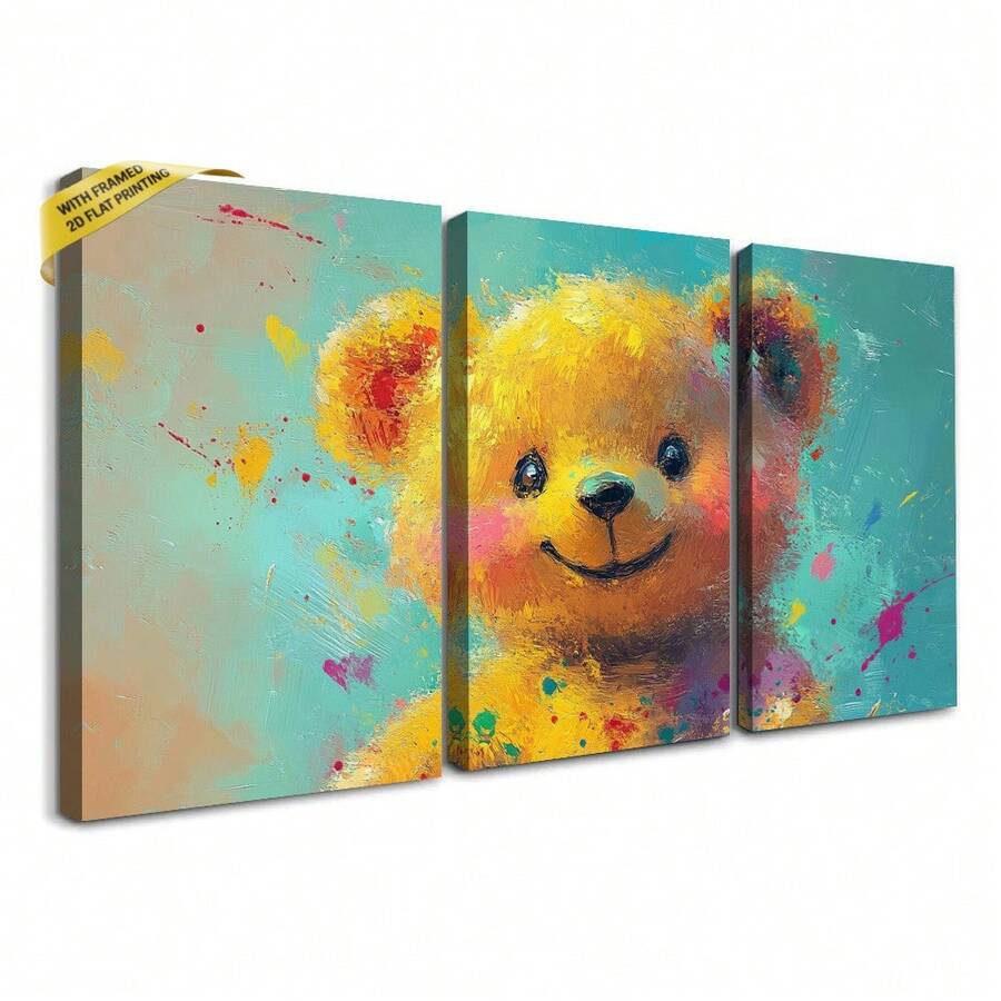 3pcs 30*40cm(12x16inch) Art Decor Square Canvas Wall Art With Framed Doodle Bear Art Deco Classic Retro Style For Home Office Bathroom Living Room Bedroom Decor.Stretched And Framed Ready To Hang. - 白色 - 查看 1
