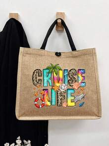 Set de geantă și pungă din in cu tematică de croazieră, imprimeu cu copac de cocos, scoică, delfin, stea de mare, Cruise Life, geantă și geantă cosmetică, pungă pliabilă ușoară, element esențial pentru plajă, geantă de vară pentru femei, geantă de cumpărături din in de mare capacitate