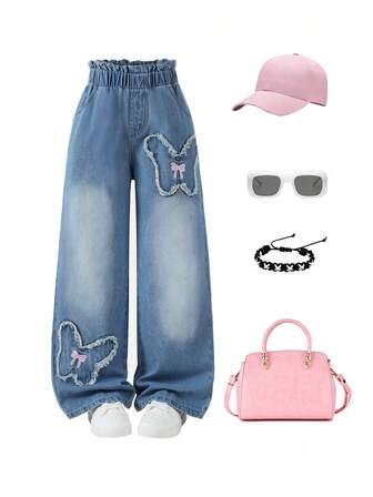 1pc Girls' Casual Comfortable Butterfly Embroidered Denim Pants, Cute Style For Daily Wear, Autumn/Winter New