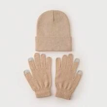 2pcs Set Candy Color Men Solid Knit Beanie Hat And Two-Finger Touchscreen Gloves, Warm And Versatile For Autumn/Winter Daily Wear And Outdoor Winter Warm